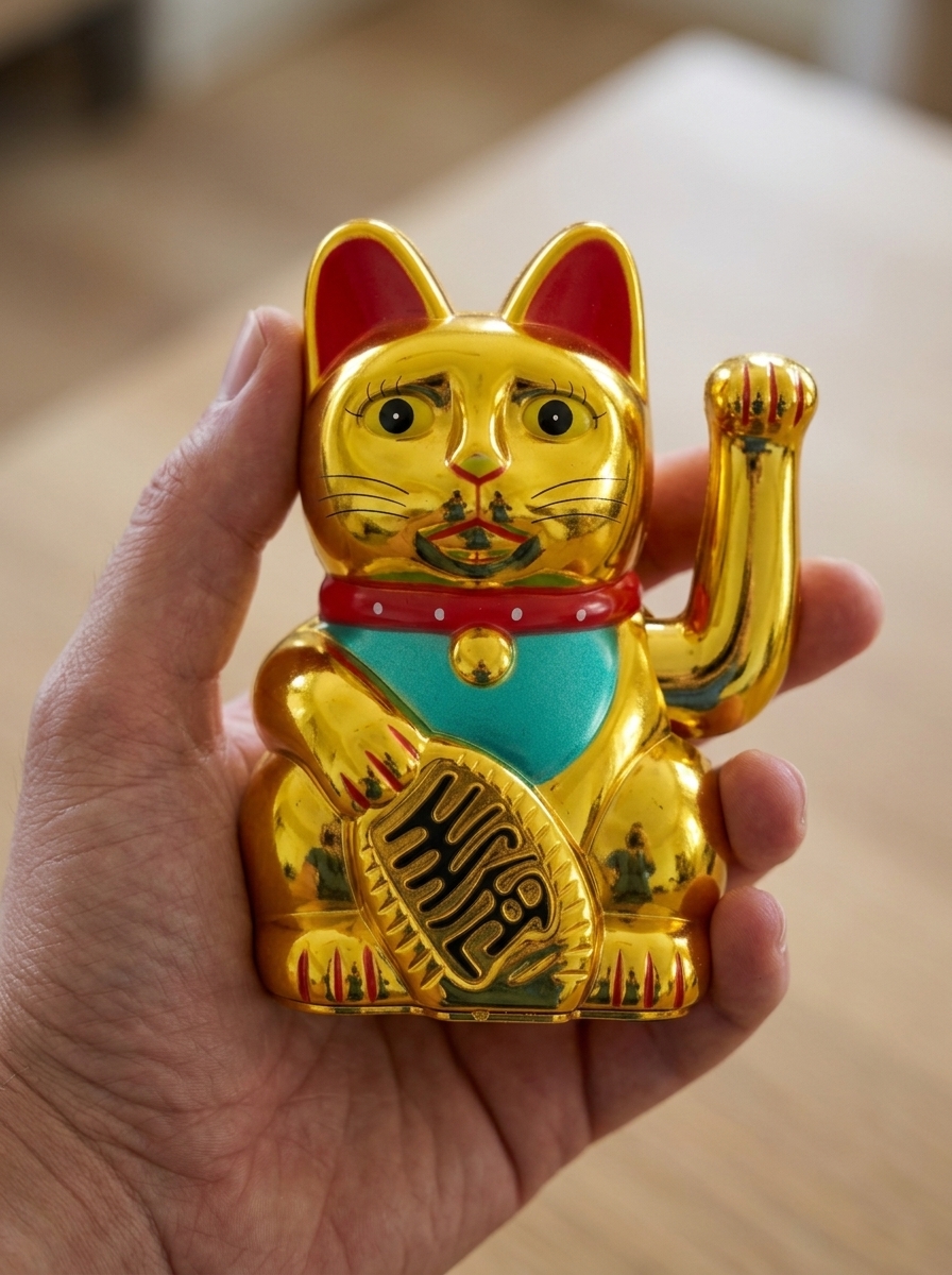 Maneki-neko en la mano, tamaño real